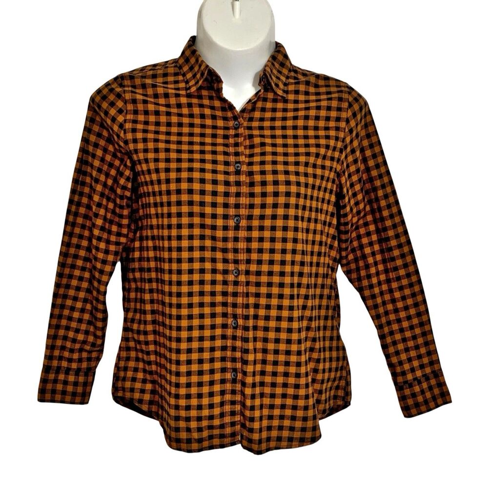 Amazon Essentials Flannel Shirt Top Button-Up Womens Large Brown Black Checkered